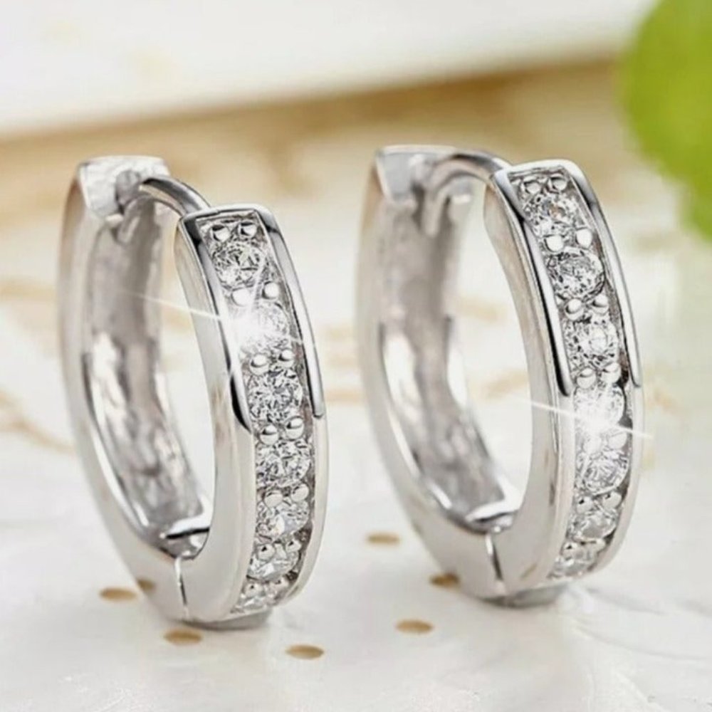 New 925 Silver Hoop Diamond Earrings